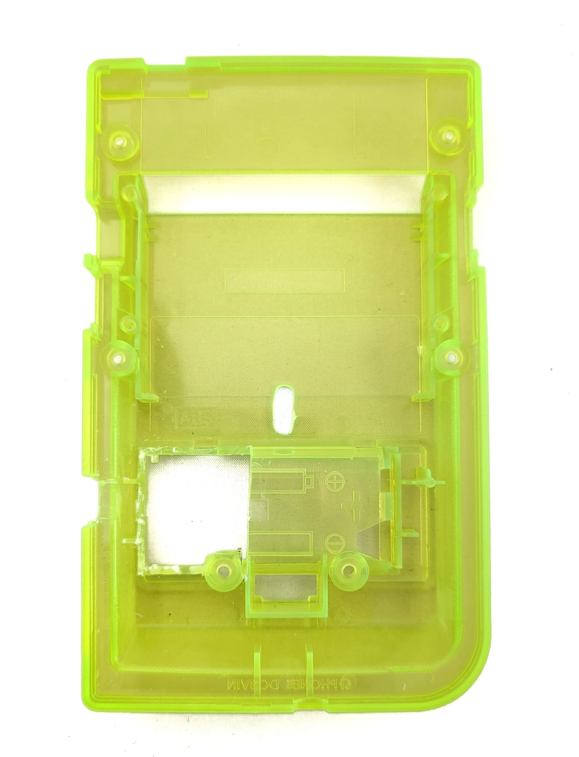 The back of a game boy pocket shell with a hole cut in the battery case